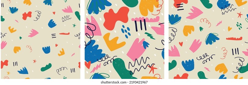 Seamless vector pattern with abstract shapes and textures. Colorful hand-drawn objects with cute and trendy colors. Perfect for fabric, posters, phone cases, laptop cases.