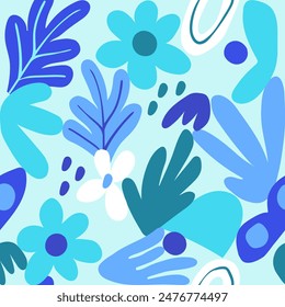 Seamless vector pattern with abstract shapes and organic cut-out elements in a muted natural palette. Various flowers and leaves in a Matisse style.