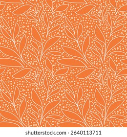 Seamless vector pattern with abstract shapes leaves and delicate dots on a bright orange background. Simple design for textiles, packaging, stationery, contemporary botanical themed 