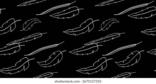 Seamless vector pattern of abstract silver feather-like strokes on a black background, repeated in an elegant decorative arrangement.