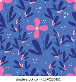 Seamless vector pattern with abstract soft pink  flowers and branches on a blue background.Botanical  pattern  for fabric,invitations, wrapping paper, cards and other materials.