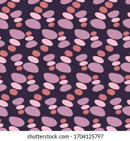 Seamless vector pattern of abstract stones in a line in pastel purple colors on violet background. The design is perfect for backgrounds, decorations, textile, surface design and outside decorations.