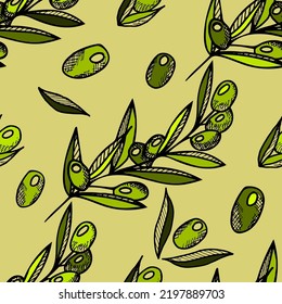 Seamless vector pattern with abstract, stylized olive branches. Texture for packaging of olive oil, pickled olives, labels. Botanical illustration, plant