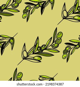 Seamless vector pattern with abstract, stylized olive branches. Texture for packaging of olive oil, pickled olives, labels. Botanical illustration, plant