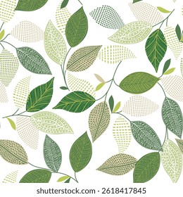 Padrão de vetor sem costura abstrato folhas verdes de floresta de verão . Fundo branco repetitivo. Para tecido, papel de parede, embalagem, decoração da casa, têxtil,