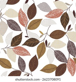 Seamless vector pattern abstract summer brown with red leaves . Repeating white background. For fabric, wallpaper, wrapping, home décor, textile,