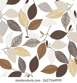Seamless vector pattern abstract summer brown leaves . Repeating white background. For fabric, wallpaper, wrapping, home décor, textile,