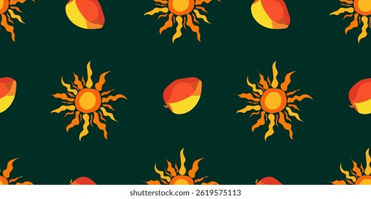 seamless vector pattern of abstract suns and mangoes on dark teal background, modern repeating design with stylized sun and tropical fruit, vibrant and playful summer texture