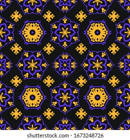 Seamless vector pattern with abstract symmetric ornament. Ethnic oriental textile design. Background with traditional folk motifs.