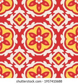 Seamless vector pattern with abstract symmetrical ornament. Background with ethnic oriental floral motif. Versatile textile design. 