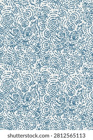 Seamless vector pattern with an abstract texture of dotted waves, spirals, and ripples. Hand drawn minimalist design in classic blue on a light blue-grey background, reminiscent of ocean waves, water current, or wind. Ideal for summer beach textiles, resort apparel, swimwear, stationery, packaging, and wallpaper.