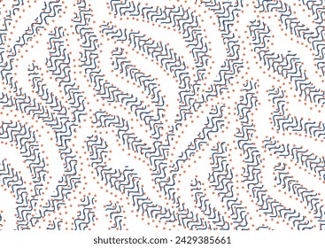 Seamless vector pattern with abstract trailing hatched textured corals and algae. Trendy apricot crush, nautical blue, white colors. for beach swimsuit, sport active wear print, fabric, textile, wallp