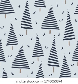Seamless vector pattern with abstract trees on blue background. Beautiful artistic forest wallpaper design. Fashion fabric texture.