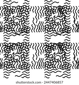 Seamless vector pattern of abstract wavy and curly lines, black on white, ideal for various design uses.