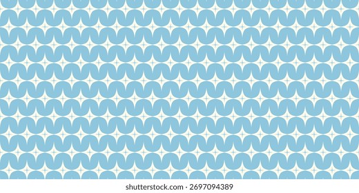 Seamless vector pattern with abstract wavy curves and star shapes in blue and white, decorative repeating retro modern background, stylish surface design for wallpaper, textile, wrapping, fabric print