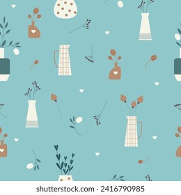 Seamless vector pattern with abstract, whimsical and dry flowers in different shape vases. Minimalistic natural and ceramic background.
