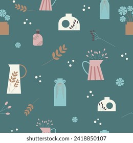 Seamless vector pattern with abstract, whimsical and dry flowers in different shape vases. Minimalistic natural and ceramic background.
