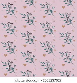 Seamless vector pattern with abstract, whimsical branch of leaves and rose hip. Surface floral design with small plant, flowers, leaves, twigs
