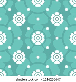 Seamless vector pattern of abstract white flowers and polka dots on a gentle blue background