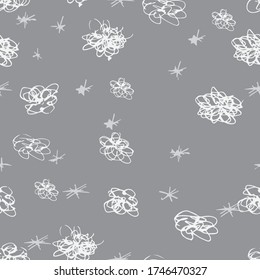 Seamless vector pattern with abstract white shapes on gray background. Free hand-drawn flowers and stars children's style. Good web page, blog background, wallpaper, fabric, textile and tile print
