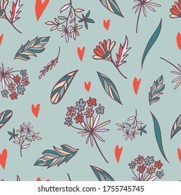  Seamless vector pattern of abstract wild flowers and hearts. Lovely tender design for clothes design, textiles, surfaces, decoration, stationary, sheets, wrapping paper, wallpaper, backgrounds.
