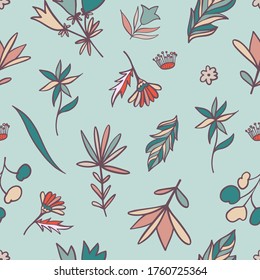 Seamless vector pattern of abstract wild flowers in pastel green. Lovely tender design for clothes design, textiles, surfaces, decoration, stationary, sheets, wrapping paper, wallpaper, backgrounds.