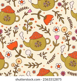 Seamless vector pattern with abstract wild flowers and fairy teapot. Cute country style floral background. Cottagecore vintage aesthetic. Wallpaper, wrapping paper, surface design