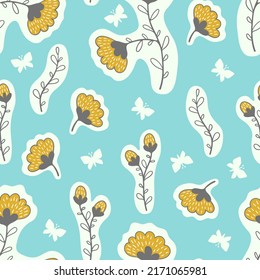 Seamless vector pattern with abstract yellow flowers, plants and butterflies. Collage style. Light blue background. Paper print, wallpapers, fabric print, home textile design concept.