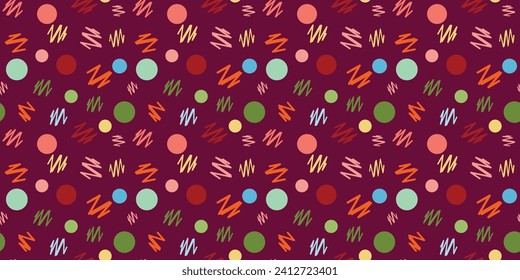 Seamless vector pattern abstract zig zag lines polka dots multicolored Children's fabrics Green background Bed linen Wrapping paper Typography design Tablecloths Scrapbooking Cardmaking Repeating