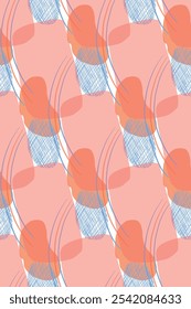 Seamless vector pattern, abstraction of pink and blue spots, stripes. All objects are hand-drawn in vector. Vector illustration. Suitable for printing on fabric, paper, for scrapbooking, design.