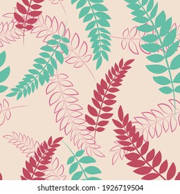 Seamless vector pattern with acacia leaves in pink and green pastel colors. Good print for wrapping paper, packaging design, wallpaper, ceramic tiles, and textile