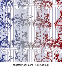 Seamless vector pattern with academic plaster heads of young men and classic roman columns.Geometric architectural ornament. Vector illustration.