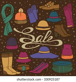 Seamless vector pattern accessories. Vector background in doodle style. Women's shoes, clothing, sale