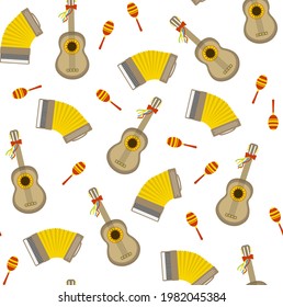 Seamless vector pattern with accordion, guitar and maraca on white background. Perfect for wallpaper, background, wrapping paper or fabric.