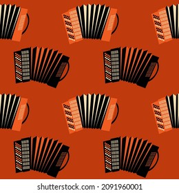 Seamless vector pattern with accordions on dark red background. Design for fabric and paper, surface textures.