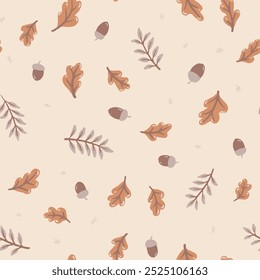 Seamless vector pattern with acorns and autumn oak leaves in Cream white, Beige, Brown