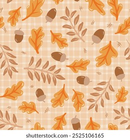 Seamless vector pattern with acorns and autumn oak leaves in Orange, Beige, Brown and Yellow