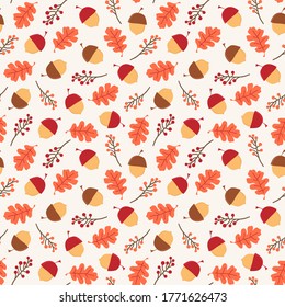 Seamless vector pattern with acorns, berries and oak leaves. Autumn background great for wrapping paper, fabric, web-design, print, etc.