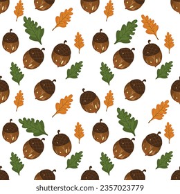 Seamless vector pattern with acorns, and green and yellow acorn leaves. In cartoon style, cartoon style, cute design, modern colorful paper cover, interior fabric, background, and other users.
