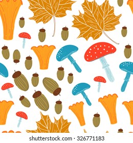 Seamless vector pattern with acorns, leaves and mushrooms on white background.