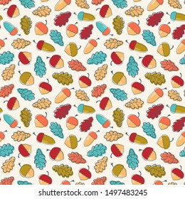 Seamless vector pattern with acorns and oak leaves. Autumn background in bright colors.