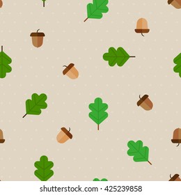 Seamless vector pattern with Acorns and Oak leaves in modern flat style. Nice abstract botanical texture.