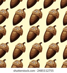 Seamless vector pattern with acorns, pine cones, and autumn leaves on yellow background, fall season design