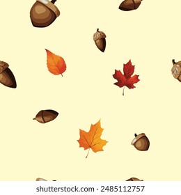 Seamless vector pattern with acorns, pine cones, and autumn leaves on yellow background, fall season design