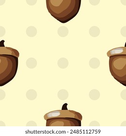 Seamless vector pattern with acorns, pine cones, and autumn leaves on yellow background, fall season design