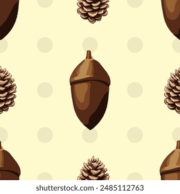 Seamless vector pattern with acorns, pine cones, and autumn leaves on yellow background, fall season design