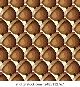 Seamless vector pattern with acorns, pine cones, and autumn leaves on yellow background, fall season design