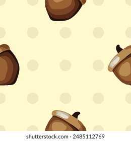 Seamless vector pattern with acorns, pine cones, and autumn leaves on yellow background, fall season design
