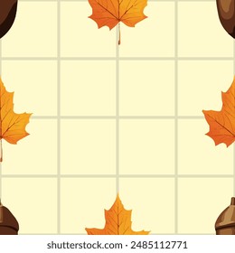 Seamless vector pattern with acorns, pine cones, and autumn leaves on yellow background, fall season design
