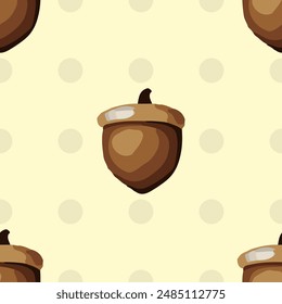 Seamless vector pattern with acorns, pine cones, and autumn leaves on yellow background, fall season design